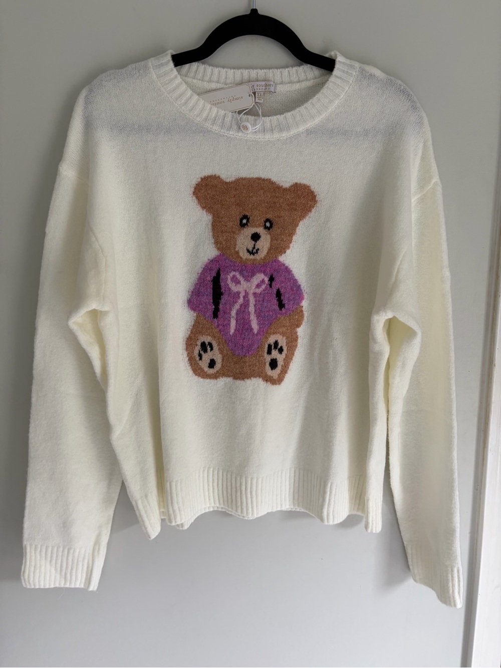 Simply Southern Cream Sweater with Teddy Bear Motif Cozy NWT! Kids XL /Womens S
